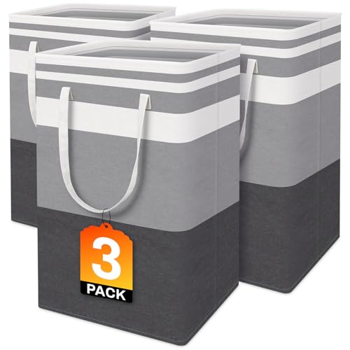 BlissTotes 3-Pack Laundry Basket, Collapsible Laundry Hamper, Grey, 75L | Laundry Clothes Hamper, Hampers for Bedroom, Freestanding Hamper with Handles, Clothes Laundry Basket