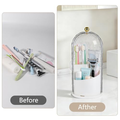Toothbrush Holder with Cover for Bathroom Countertop, Organizer, White | Rotating 3 Slot Holder for Electric Toothbrushes, Toothpaste, Self Draining Vanity Organizer, Makeup Brush Storage