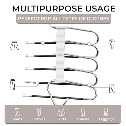 Pants Hangers Space Saving - 2 Pack - Non-Slip Multi-Layer Space Saving Hangers - Multifunctional Clothing Rack for Closet Storage - Ideal for Jeans, Trousers, Skirts, Scarves & Slacks (White)