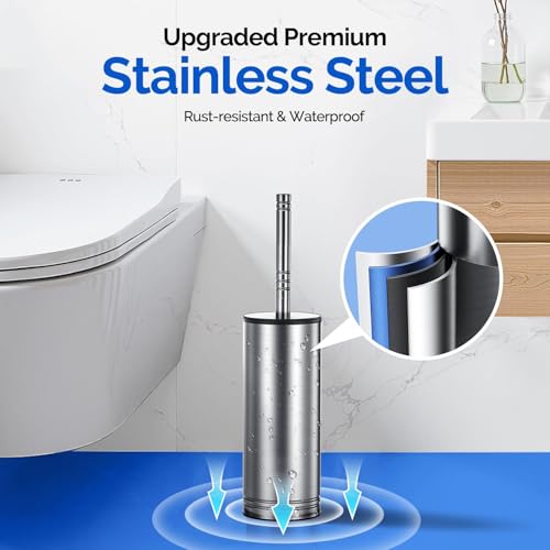 HAMITOR Toilet Brush and Holder Set:Stainless Steel Deep Clean Bathroom | Wall-Mounted Cleaner Brush with Curved Bristle for Home Apartment Bathroom Accessories Silver 1 Pack