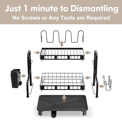 2 Tier Dish Drying Racks for Kitchen Counter with... (Black | Stainless Steel)