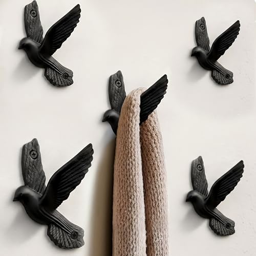 Ambipolar Flying Style Iron Cast Decorative Pigeon Bird Wall Mounted Coat Hooks, 5 Pieces, Black