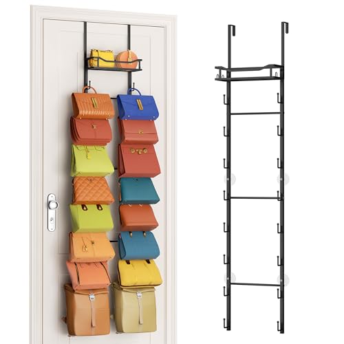 SWTYMIKI Over The Door Purse Organizer - Wall Mounted Purse Rack with 16 Hooks and Metal Basket, Handbag Hanger Organizer Holds up to 16 Bags, Bag Rack Can Use As 1/2 Part, for Door, Closet