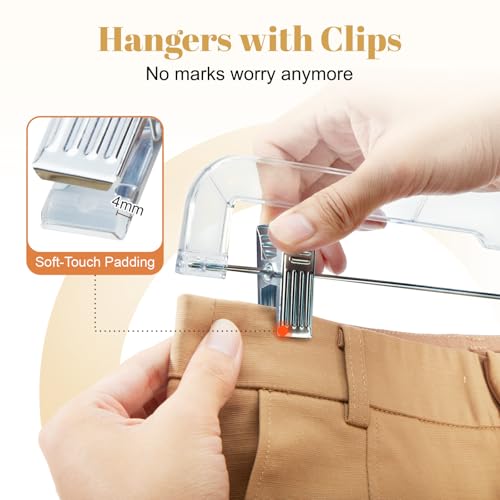 HOUSE DAY 14 Inch Clear Pants Hangers with Clips 12 Pack, Skirt Hangers | Adjustable Clip Hangers for Pants, Skirts, Jeans and Shorts, with No Marks Pads and 360° Swivel Hook, for Closet Organization