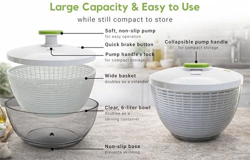 Brieftons Large 6.2-Quart Collapsible Salad Spinner: Manual One-Handed Pump Vegetable Washer Dryer Drainer Strainer, BPA-Free Bowl, Basket Colander & Lid, Compact Storage, for Greens Herbs Fruits