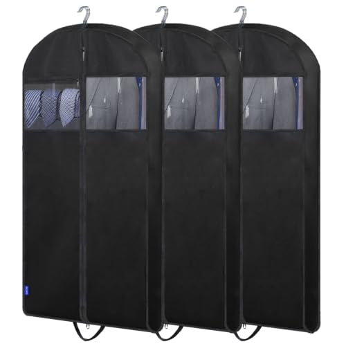45" Suit Bags for Closet Storage and Travel, Gusseted Garment Bags with Large Back Pocket for Hanging Clothes, Suit Cover With Handles for Suits, Tuxedos, Coats, Shirts, Dresses (Black 3Pack)