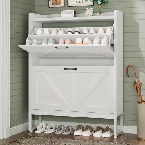 GRUSIGN Shoe Cabinet, Shoe Storage Cabinet with 2 Flip Drawers & Adjustable Shelf, Space-Saving Shoe Organizer – Holds 16+ Pairs, Narrow Shoe Cabinet Storage for Entryway/Hallway(White)