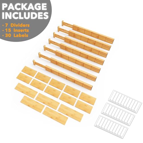 SpaceAid Bamboo Drawer Dividers with Inserts and Labels, Kitchen Adjustable Drawer Organizers, Expandable Organization for Home, Office, Dressers, 7 Dividers with 15 Inserts (17"-22" Natural)