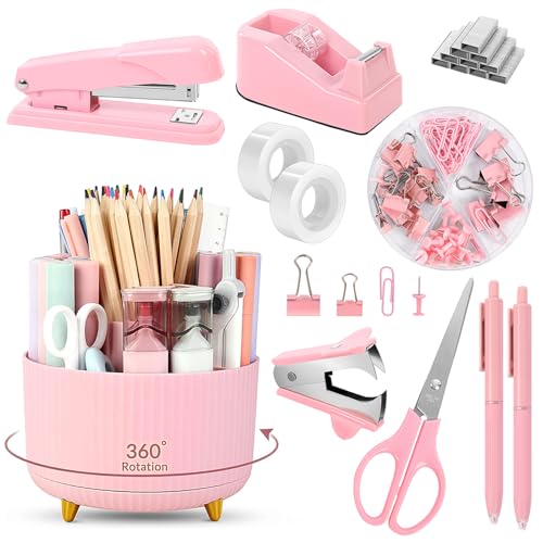 Pink Desk Accessories 10Pcs, Rotating Pen Holder f... (10 Count | Pink | Plastic)