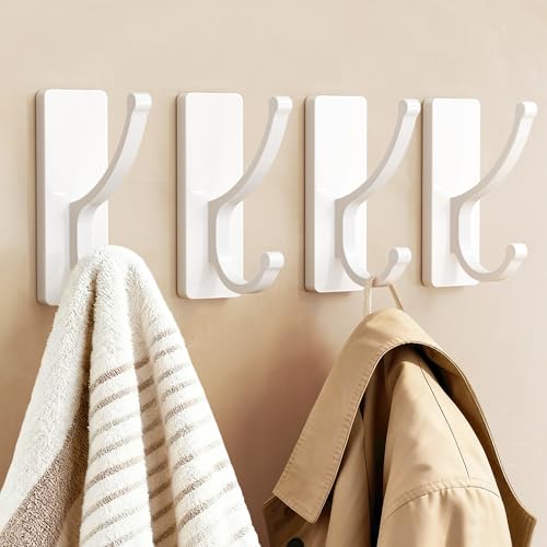 pickpiff Adhesive Wall Hooks with Strip - No Residue, Easy to Remove, Strong Heavy Duty Sticky Towel Hook, 4 Pack White
