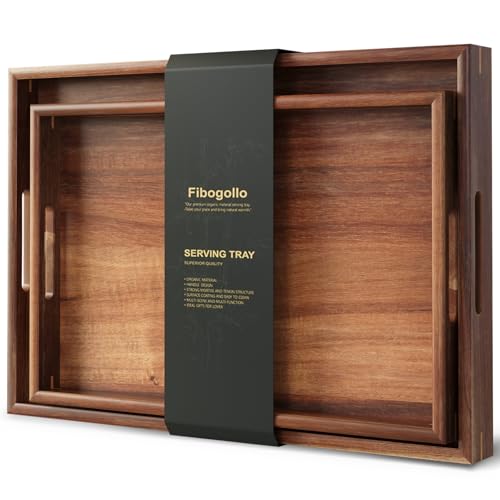 Fibogollo Set of 2 Acacia Wood Serving Tray with Handles | Decorative Trays Platter,Breakfast Tray in Bed,Food Drinks Tray for Eating,Working,Storing