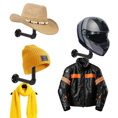 PSLER 3 Pack Helmet Wall Mount, Industrial Pipe Rack for Helmets & Gear | Vintage industrial pipe design,Thickened wall-mounted base,Multi-scene universal holder,Hang riding jackets, scarves & gloves
