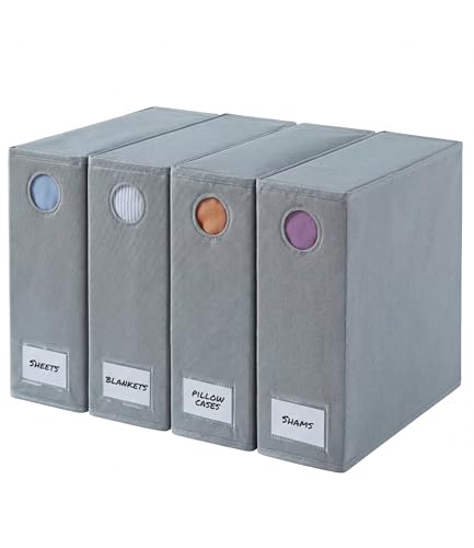 4 Pack Sheet Organizers - Foldable Sheets Set Organizer - King/Queen - Grey | Storage Organizer for Linen Closet, Folder Keeper with Window XL, Blanket, Duvet & Pillowcases Dustproof Bedding Container