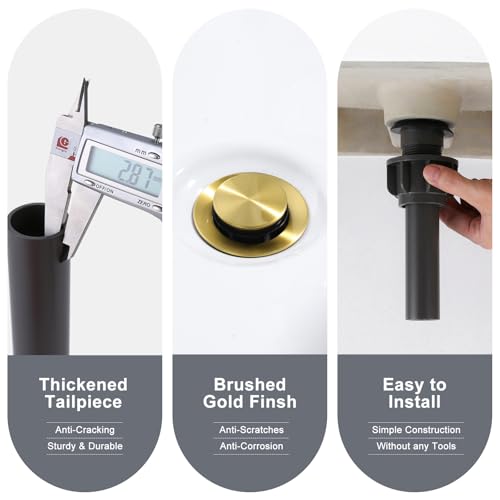 Bathroom Sink Drain with Overflow Vessel Sink Stopper, Pop Up Drain for Bathroom Sink Pop Up Drain Stopper for Hair Catcher, Brushed Gold