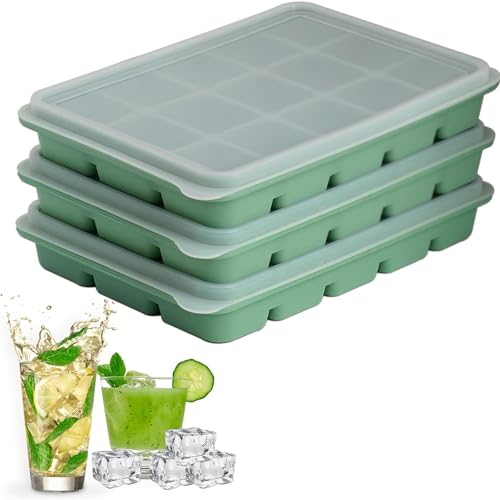 Silicone Ice Cube Trays with lidSet of 3,Green Easy Release 15 Flexible | Silicone Ice Cube Molds with Silicone Lid Reusable Freezer Ice Trays Stackable for Whiskey, Baby Food