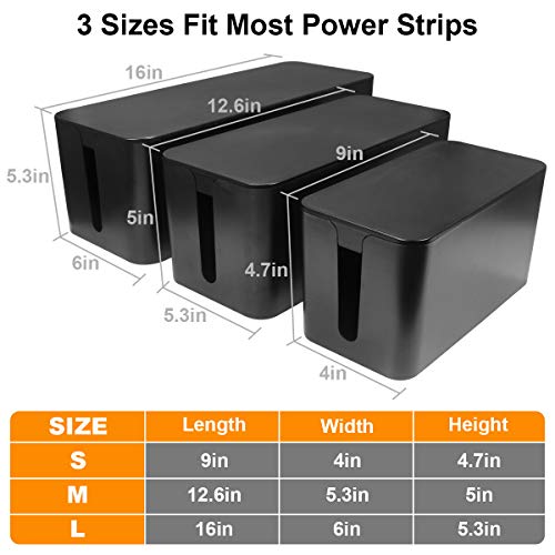 DUNCHATY Cable Management Box 3 Pack - Cord Organizer Box for Desk TV Computer - Large Medium Small Power Strip Cover & Wire Hider - Child & Pet Safe ABS Cord Box with Cable Ties - Black