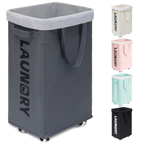 Goodpick 75L Laundry Basket with Wheels & Removable Wash Bag for Dorm | Rolling Laundry Basket with Handles for Dirty Clothes, Fodable Hamper for Laundry Room, Dorm Room Essentials, Grey