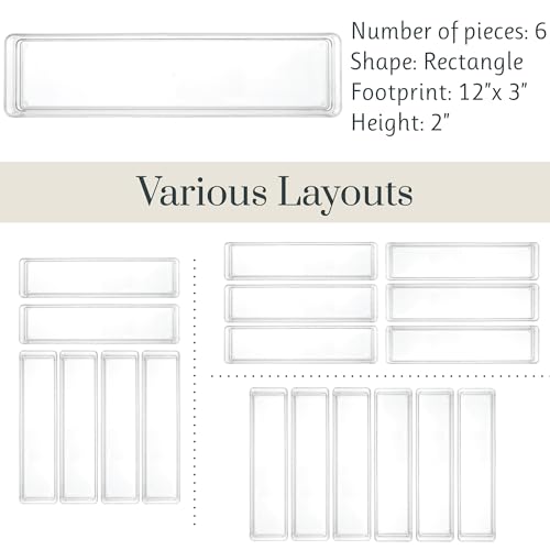 STORi SimpleSort 6-Piece Stackable Clear Drawer Organizer Set | 12" x 3" x 2" Rectangle Trays | Narrow Makeup Vanity Storage Bins and Office Desk Drawer Dividers | Made in USA