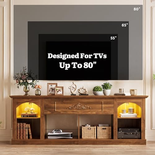 YITAHOME Farmhouse TV Stand with LED Lights for Living Room, Walnut | 70 inch Entertainment Center with Flip-Down Carved Door, Media Console for 75/80 Inch TV, Adjustable Shelf & Open Storage