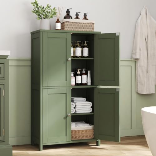 Bathroom Floor Storage Cabinet, 4 Doors, Anti-Tip,... (Pale Green | Engineered Wood)