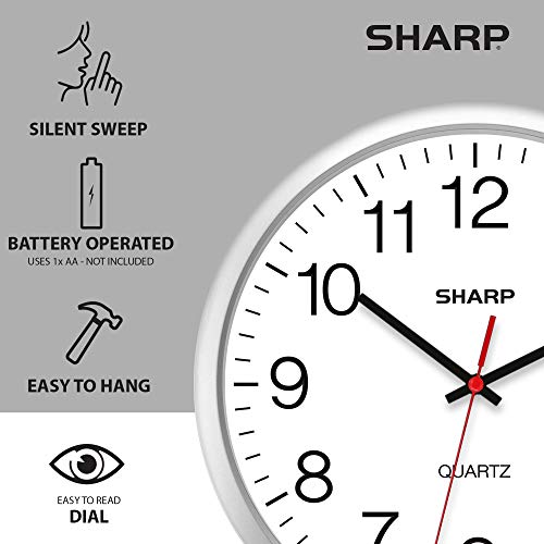 Sharp 14-Inch Battery Wall Clock, Silent Non-Ticking, Easy-Read, Silver | Battery operated; Sweep movement; Large round face; Quartz accuracy; Home, kitchen, office or classroom
