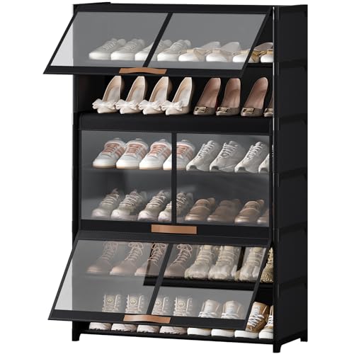 7 Tier Shoe Cabinet with Doors, 24-Pair Storage, Black | Tall design saves floor space. Transparent doors for quick find. Adjustable layers for boots. Waterproof & easy wipe.