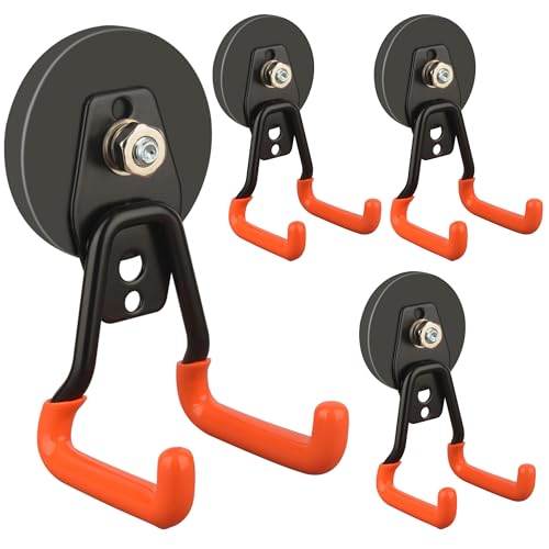 New Upgraded Heavy Duty Magnetic Garage Hooks,4 Pack Strong Large Magnet Hooks for Power Drill,Garden Tools,Hose,Pegboard,Garage, Workshop,Magnetic Storage Hook for Hanging(Orange)