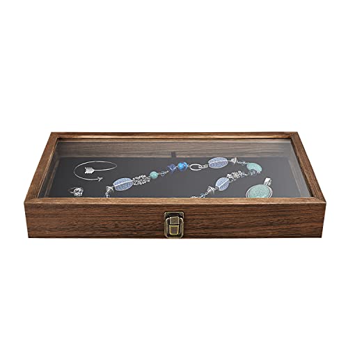 MOOCA Wood Jewelry Display Case with Tempered Glass Top, Black Velvet Pad | Wood display case with a glass top and removable black velvet pad accommodates taller jewelry and collectibles.