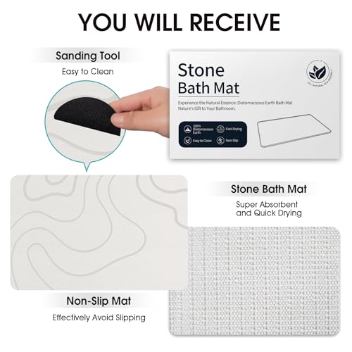 Stone Bath Mat Diatomaceous Earth Shower Mat Non-Slip Super Absorbent Diatomite Stone Mats for Bathroom Floor/Ktichen Cuonter Quick-Drying Easy to Clean (24''*16''White)