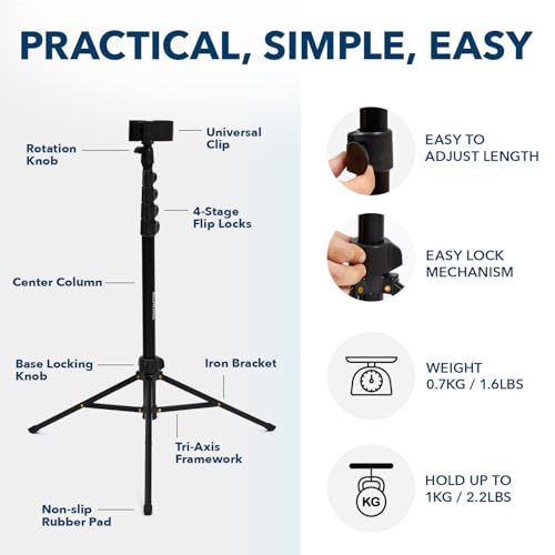 Hair Dryer Stand 26-74" Adjustable Hands-Free Blow Dryer Holder | Arthritis & Frozen Shoulder Support: Heavy-Duty Metal Tripod, Universal Fit