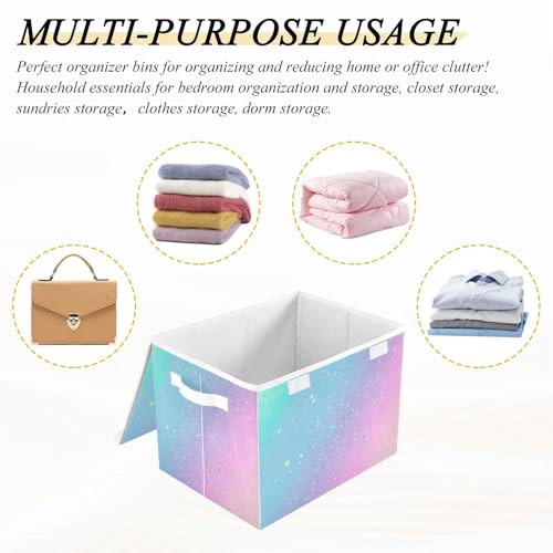 Large Collapsible Storage Bins with Lids, Unicorn Background with Rainbow Storage Baskets Organizer Containers with Handles for Clothes