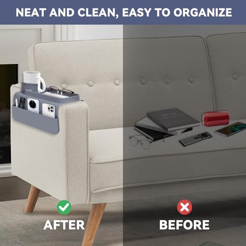 Couch Cup Holder Tray - Wide (6"+) , Silicone Sofa Armrest Tray with Dual Pockets,Couch Arm Tray Anti-Slip Organizer for Drinks, Phone, Remote, Snacks | Heat Resistant for, Recliner, Car