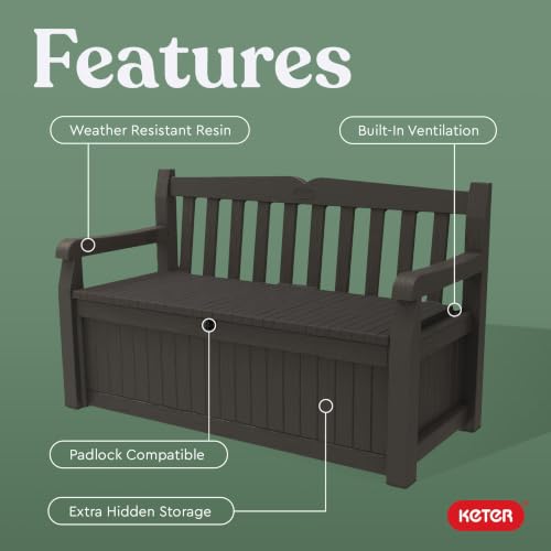 Keter Solana 70 Gal Outdoor Storage Bench for Patio and Pool Accessories | Brown, Resin, Seating, Weatherproof, Lockable, Durable, Easy Assembly, Organization, Patio Cushions Storage, Garden Tools