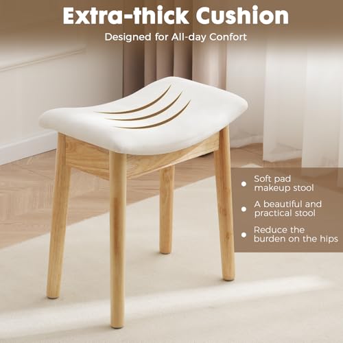 Square Linen Makeup Stool Small Ottoman Stool Chair for Vanity, Modern Padded Seat Foot Rest for Makeup Room, Bathroom (Classic-Beige)