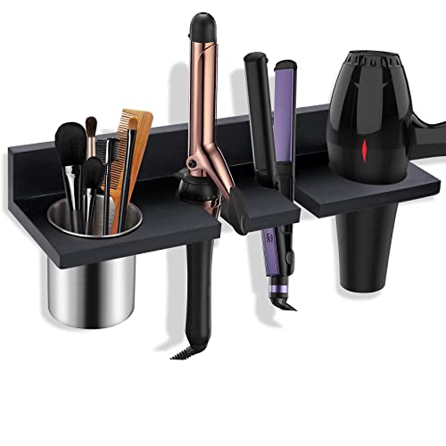 Hair Tool Organizer Wall Mounted - Wooden Dryer Holder, Blow Dryer Holder for Bathroom, Rustic Styling Tools Organizer for Flat Iron, Curling Wand, Hair Straighteners, Brushes, Black
