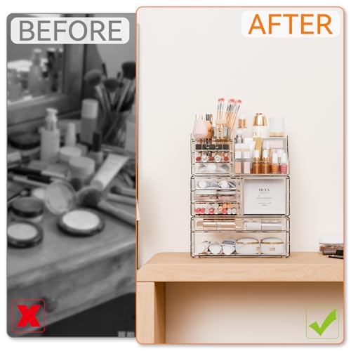 3 Pack Clear Makeup Organizer Countertop for Dresser,Vanity and Bathroom Counter Organizer,Tiered Stackable Makeup Acrylic Organizers with 9 Drawer for Skincare,Brush and Make up Holders