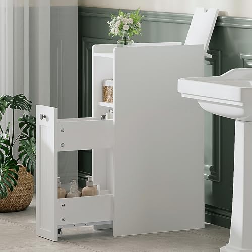 ChooChoo Slim Bathroom Storage Cabinet with Slide Out Drawers | Narrow Storage Organizer with Hidden Storage, Freestanding Toilet Paper Holder, Bathroom Cabinet for Small Places, White