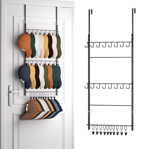 HapiRm Over Door Hat Rack - 3 Tier Wall Mounted Hat Organizer with 16 Hooks and 10 Movable Clips, Baseball Cap Organizer Storage Holds up to 26 Caps for Door, Bedroom, Closet USPTO Patented