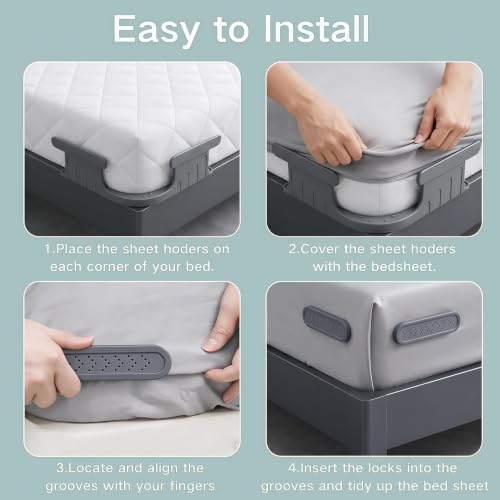 Upgraded Reinforced Bed Sheet Holders for Corners,Fitted Sheet Holder Clips, 4Pcs Grey | Adjustable Bed Sheet Clips to Keep Sheets in Place, Fitted Sheet Straps for Mattress, No Slip Bedding Clips for Bedroom