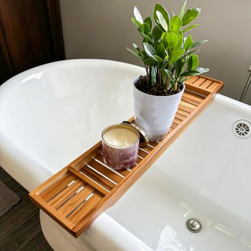 VaeFae Non-Expandable Teak Bathtub Tray, 33.8" x 6" x 1.8" | Bath Tub Wood Table for Tub, Wood Bath Table for Reading, Wine, Spa Gift for Women, Wooden Bathroom tray
