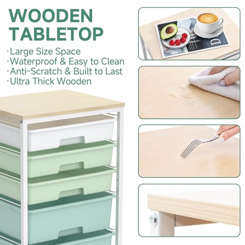 Rolling Cart with Drawers,5 Drawers Storage Cart,Light Green | 5-Tiers Utility Cart with Drawers with Lockable Wheels for Craft Organizers and Storage,Home Office,Classroom,Dorm,Playroom