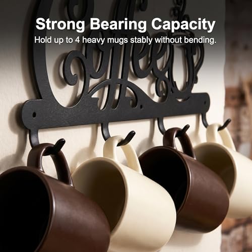 Coffee Mug Holder Wall Mount with 4 Hooks, 16.93 Inch Metal Coffee Bar Decor Sign, Heavy Duty Iron Cup Rack Hanger for Kitchen, Cafe and Home Organization, Matte Black(16.93"L x 6.69"H x 0.98"W)