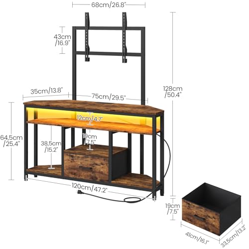Corner TV Stand with Drawer, Entertainment Center with Adjustable Mount, Console Table with LED Light and Charging Station, Supports Up to 75-Inch TV, Rustic Brown and Black TDS05UDBF