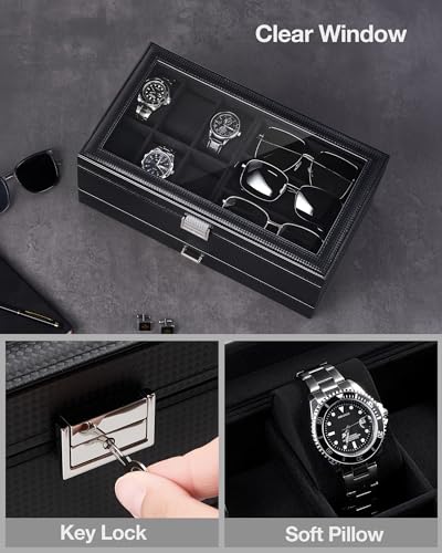 ProCase Mens Jewelry Box,6 Slot Watch Box & 3 Slot Sunglass Holder-AllBlack | 2-layer Lockable Sunglasses Jewelry Organizer Storage for Men, Watch Display Case with Drawer, Clear Lid, Father Gift