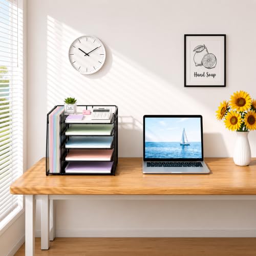 Desk Organizers and Accessories, 5-Tier Paper Organizer Letter Tray with Magazine Holder, Office Desk Accessories & Workspace Organizers, Desktop File Organizer for Office Supplies, Black
