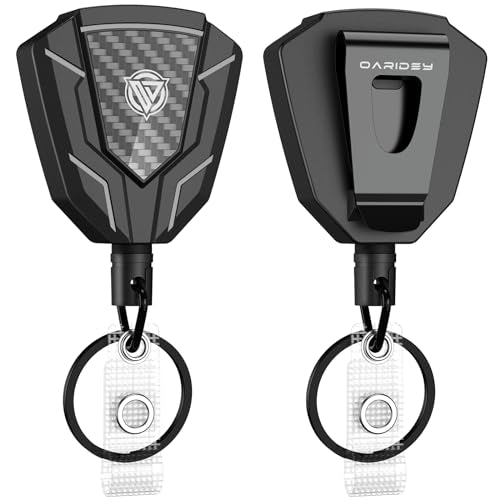 Oaridey Heavy Duty Retractable Keychain with Belt Clip, Carbon Fiber Front | Retractable Badge Holders, Badge Reels with Key Ring and 31.8” Steel Cord, 9oz Rebound - 2 Packs