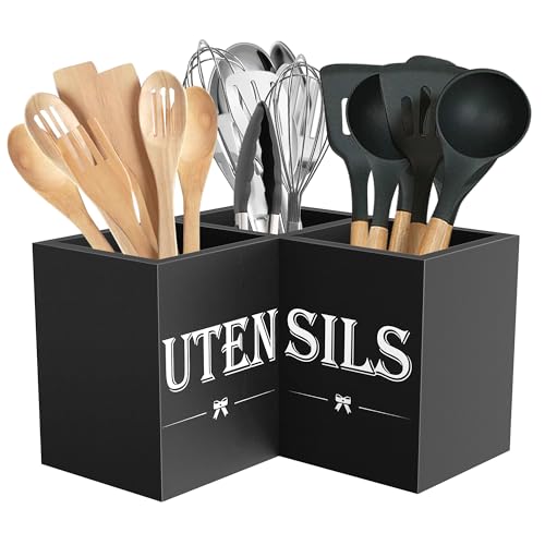 Suli Extra Large Utensil Holder Countertop for Kitchen Counter,Wood,Black | Hold 40 Utensils,3 Removable Divider,Rutic Silverware Organizer Caddy,Spacesaving,Farmhouse Cooking Crock for Spatula,Spoon