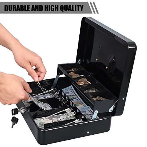 KYODOLED Metal Cash Box with Key Lock, Anti-Theft Cable & Waterproof Pouch | Heavy Duty 0.7mm Steel, Windproof Bill Clips, Hidden Compartment, for Flea Market Vendors & Small Business, 11.8", Black