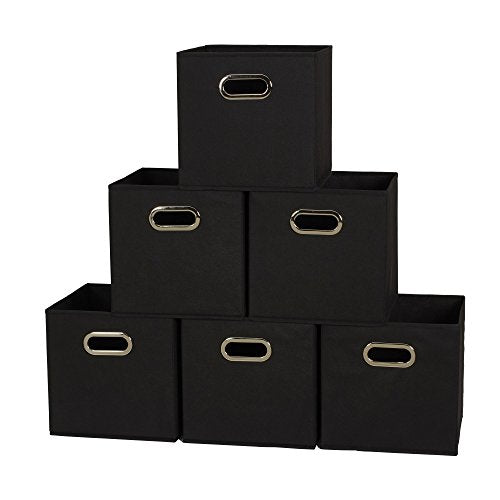 Household Essentials Foldable Fabric Storage Bins 6 Piece Set, Strong Poly-Woven Fabric, Sturdy Chipboard Sides, Grommet Front Handle, Stackable, Classic Design, Black