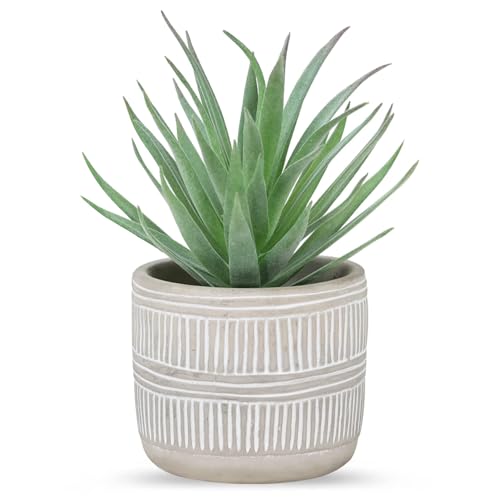 Der Rose 8.5" Fake Succulent Plant in Striped Ceramic Pot for Boho Decor | Small fake plants,sturdy cement planter, eco-friendly,suitable for bathroom bedroom office desk shelf boho decor